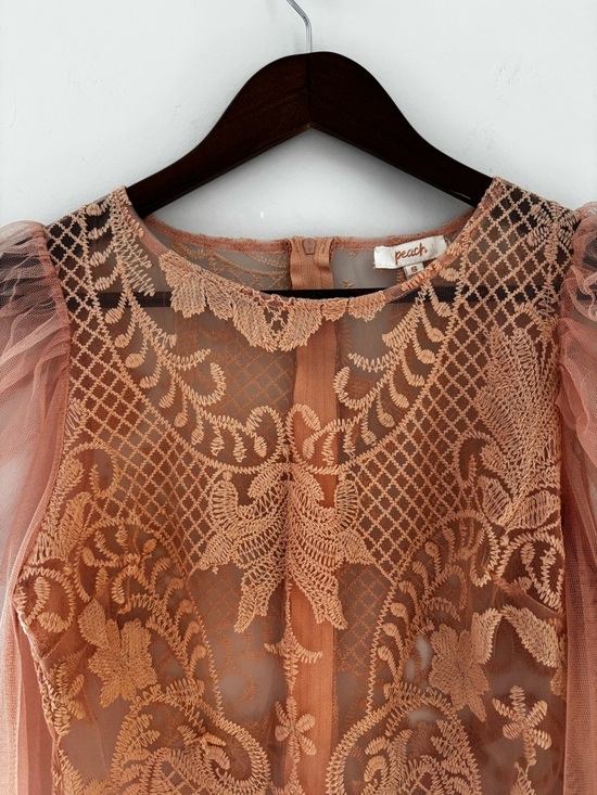 Peach Lace Mesh Puff Sleeve Crop Top Romantic Coquette Sheer Blouse S - Picture 3 of 15